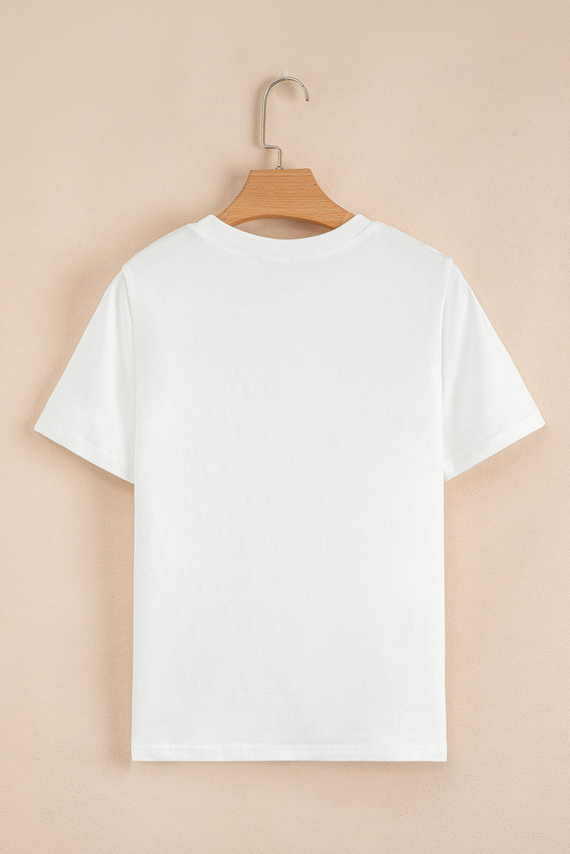 White Rhinestone Bow Embellished Round Neck Tee