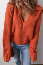 Racing Red Collared V Neck Ribbed Edge Sexy Elegant Sweater