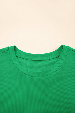 Bright Pink Ribbed Pearl Beaded Puff Sleeve Top