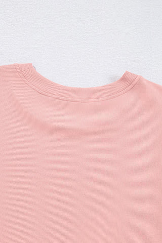 Bright Pink Ribbed Pearl Beaded Puff Sleeve Top