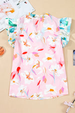 Multicolour Contrast Floral Patchwork Notched Neck Flutter Sleeve Blouse