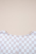 Apricot Checkered Print Buttoned Crew Neck Wide Leg Jumpsuit