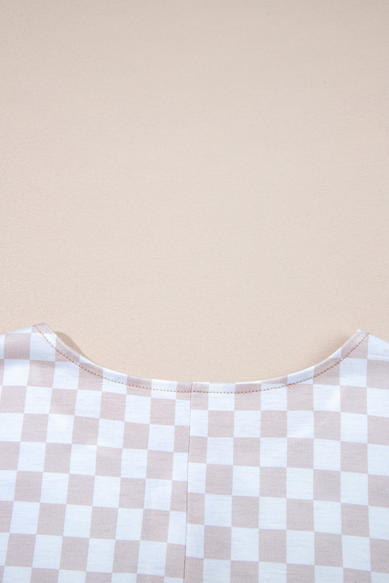 Apricot Checkered Print Buttoned Crew Neck Wide Leg Jumpsuit