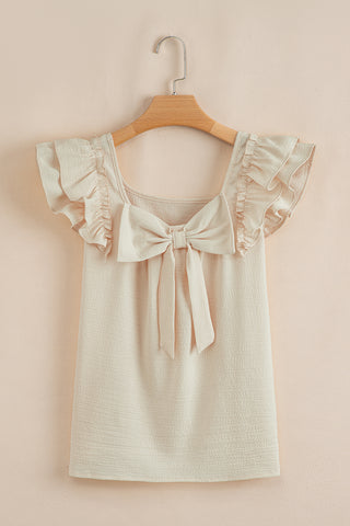 Beau Blue Textured Bow Knot Frilled Butterfly Sleeve Blouse