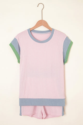Light Pink Colorblock Corded Short Sleeve Boxy Top and Shorts Set