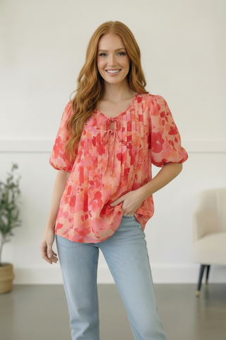 With a Rosy Glow Watercolor Pleated Top