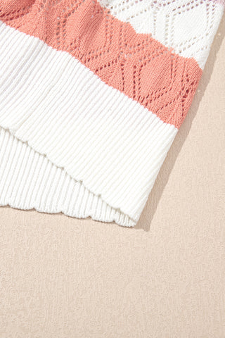 Rose Stripe Colorblock Hollowed Knit Scallop Edge Sweater Vest