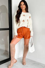 Beige Pumpkin Embroidered Ribbed Thanksgiving Halloween Holiday Sweater