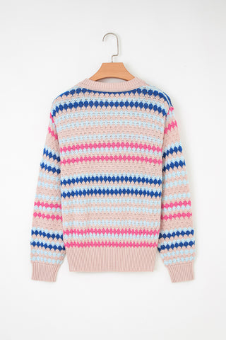 Khaki Stripe Eyelet Patterned Drop Shoulder Sweater