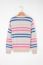 Khaki Stripe Eyelet Patterned Drop Shoulder Sweater