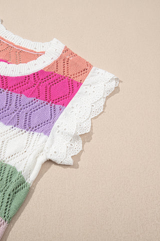Rose Stripe Colorblock Hollowed Knit Scallop Edge Sweater Vest