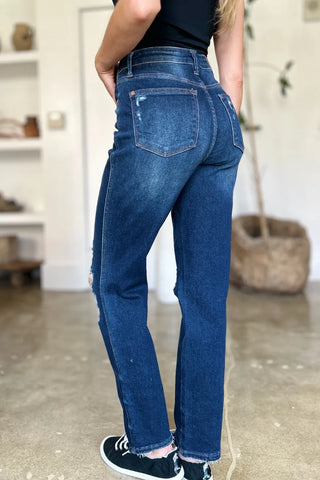 Side-back view of Judy Blue 88819 high-waist straight jeans in dark blue denim.