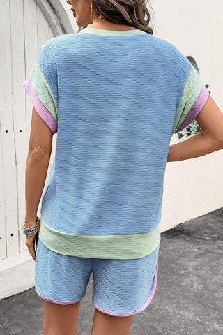 Beau Blue Corded Knit Contrast Trim Round Neck Cap Sleeve 2pcs Short Set