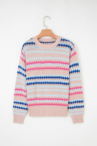 Khaki Stripe Eyelet Patterned Drop Shoulder Sweater