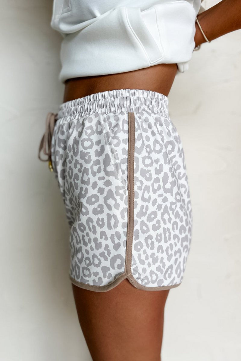 Pink Leopard Elastic Waist Lace up Contrast Trim Casual Shorts