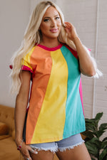 Rose Red Color Block Ruffled Crew Neck Loose Fit T Shirt