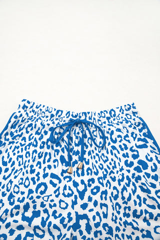 Pink Leopard Elastic Waist Lace up Contrast Trim Casual Shorts