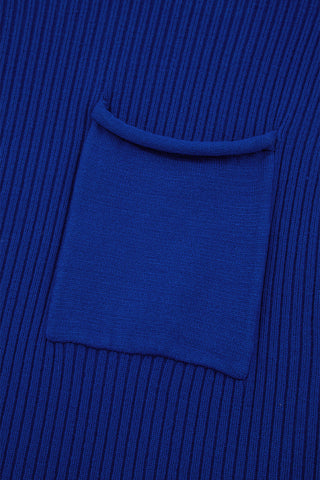 Dark Blue Patch Pocket Ribbed Knit Short Sleeve Sweater