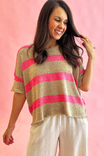 Pink Stripe Colorblock Short Sleeve Crew Neck Lightweight Sweater