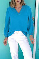 Sky Blue Frilled V Neckline Bracelet Sleeve Crinkled Blouse