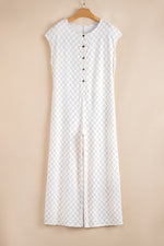 Apricot Checkered Print Buttoned Crew Neck Wide Leg Jumpsuit