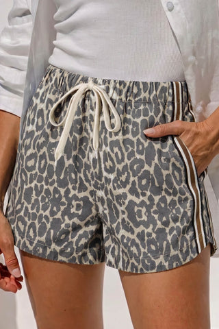 Multicolour Leopard Pattern Striped Detail Drawstring Denim Shorts
