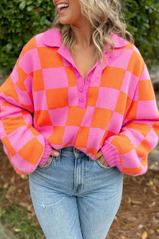 Sachet Pink Checkered Knit Polo Collar Baggy Sweater