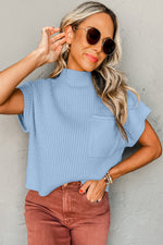 Dark Blue Patch Pocket Ribbed Knit Short Sleeve Sweater