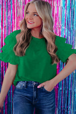 Dark Green Tulle Ruffle Sleeve Blouse