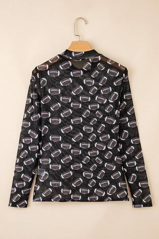 Black Game Day Rugby Mesh Sheer Long Sleeve Top