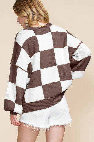 Orange Checkered Bishop Sleeve Sweater