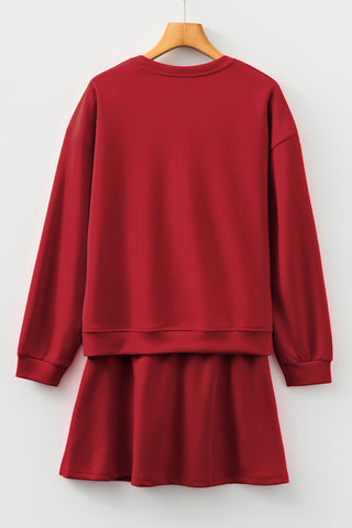Racing Red Solid Color Drop Shoulder Pullover Drawstring Mini Skirt 2pcs Outfit
