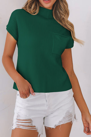 Dark Blue Patch Pocket Ribbed Knit Short Sleeve Sweater