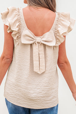 Beau Blue Textured Bow Knot Frilled Butterfly Sleeve Blouse