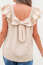 Beau Blue Textured Bow Knot Frilled Butterfly Sleeve Blouse