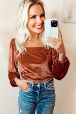 Clay Velvet Ribbed Texture Square Neck Slim Puff Sleeve Top