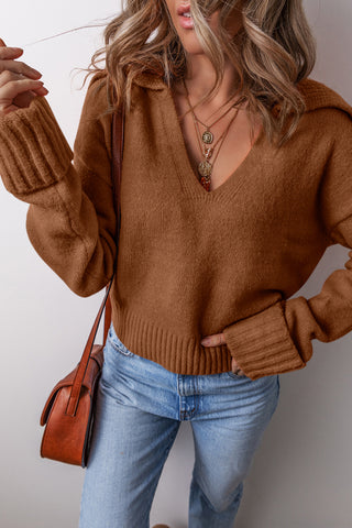 Racing Red Collared V Neck Ribbed Edge Sexy Elegant Sweater
