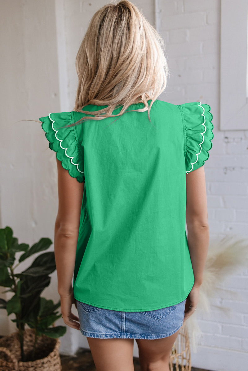Scallop Trim Layered Short Sleeve V Neck Blouse