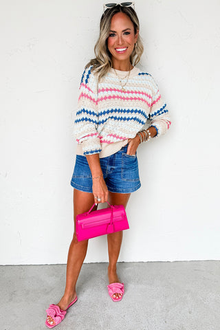 Khaki Stripe Eyelet Patterned Drop Shoulder Sweater
