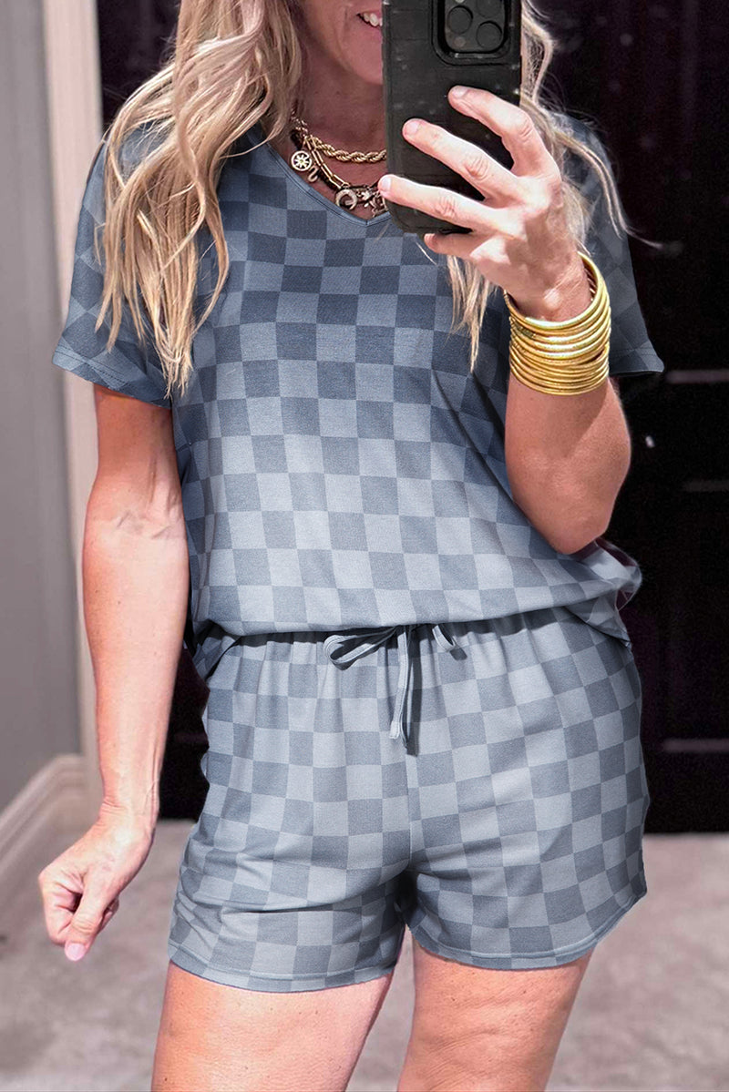 Pink Checkered V Neck Tee Drawstring Shorts Lounge Set