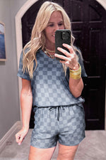Pink Checkered V Neck Tee Drawstring Shorts Lounge Set