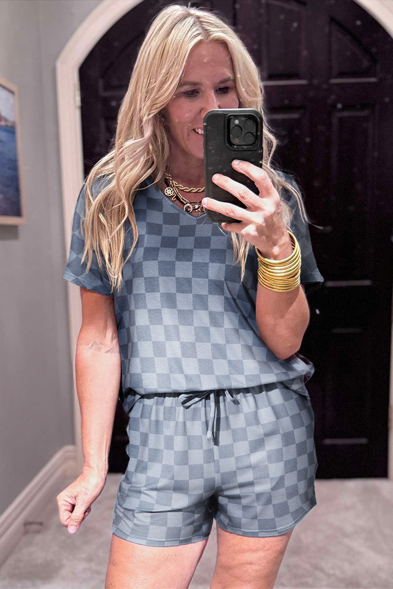 Pink Checkered V Neck Tee Drawstring Shorts Lounge Set