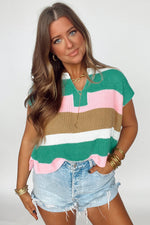Multicolour Color Block Notch V Neck Sweater T Shirt