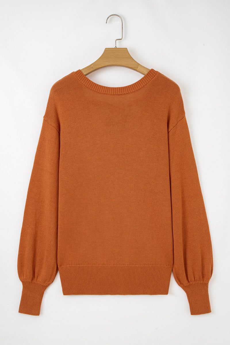 Gold Flame Solid Color Ribbed Trim Drop Shoulder Sweater