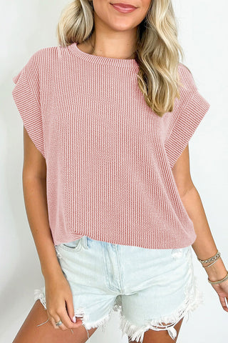 Gray Twisted Rib Wide Sleeve Crew Neck T Shirt