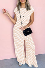 Apricot Checkered Print Buttoned Crew Neck Wide Leg Jumpsuit