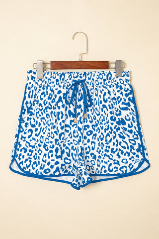 Pink Leopard Elastic Waist Lace up Contrast Trim Casual Shorts