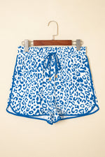 Pink Leopard Elastic Waist Lace up Contrast Trim Casual Shorts