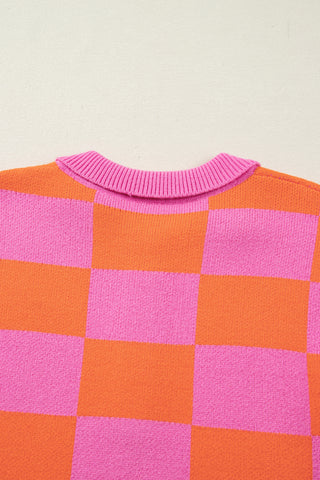 Sachet Pink Checkered Knit Polo Collar Baggy Sweater