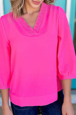 Sky Blue Frilled V Neckline Bracelet Sleeve Crinkled Blouse